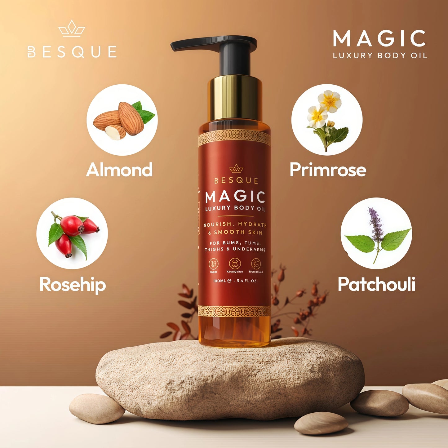 Besque Original Magic Body Oil 100ml, After Shower Body Oil For Women, Hydrating Skin Care For Full Body That Plumps, Tightens, & Firms Skin With Natural Ingredient- Pack of 1